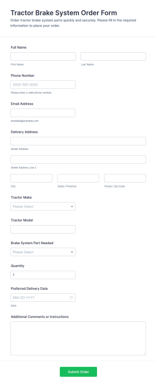 Tractor Brake System Order Form Template