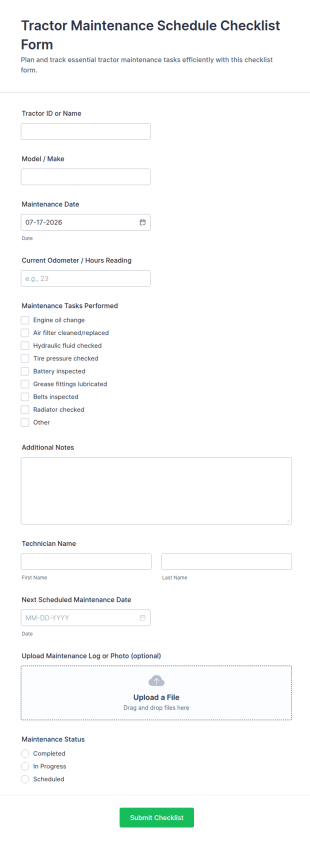 Tractor Maintenance Schedule Checklist Form Template