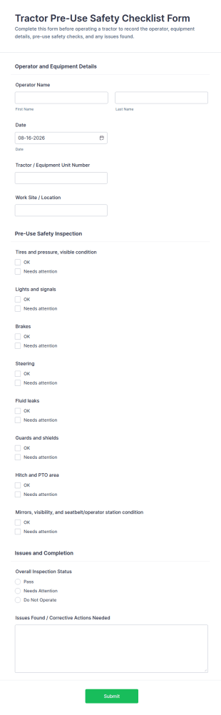 Tractor Pre Use Safety Checklist Form Template