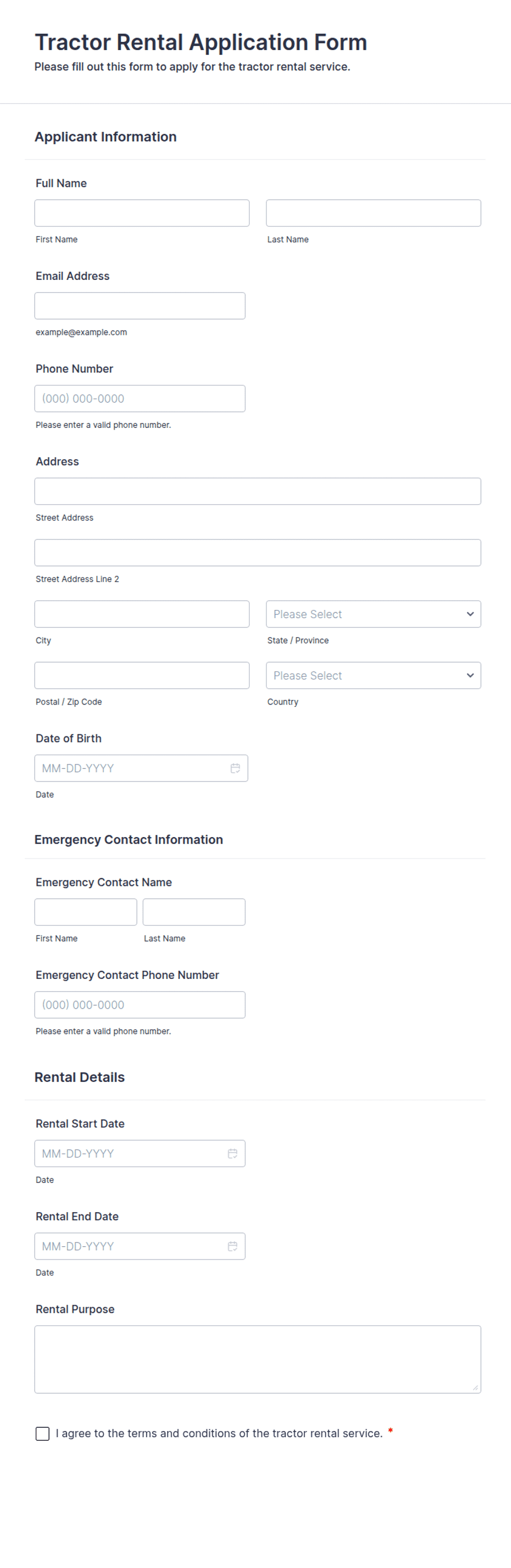 Tractor Rental Application Form Template | Jotform