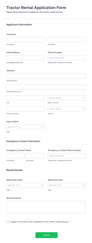 Tractor Rental Application Form Template