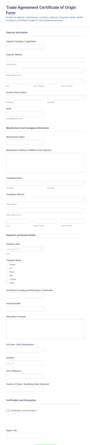 Trade Agreement Certificate Of Origin Form Template