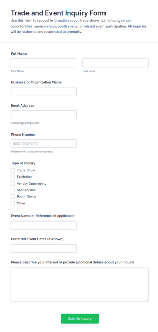 Trade And Event Inquiry Form Template