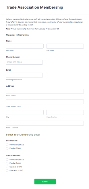 Trade Association Membership Form Template