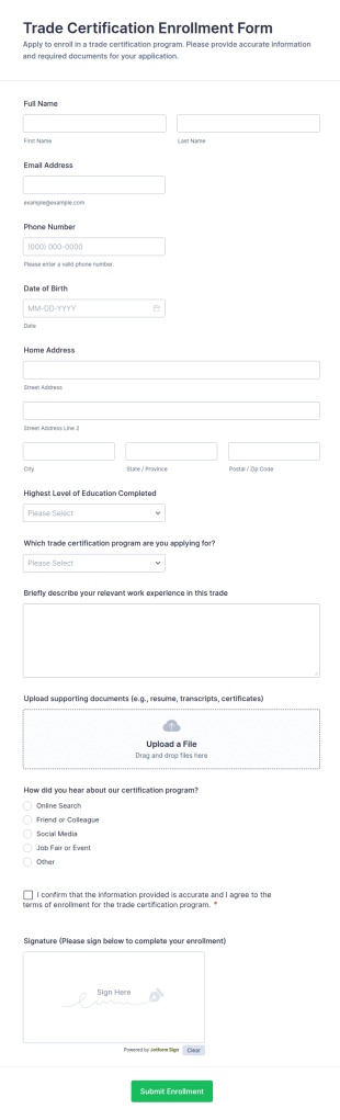 Trade Certification Enrollment Form Template