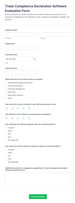 Trade Compliance Declaration Software Evaluation Form Template