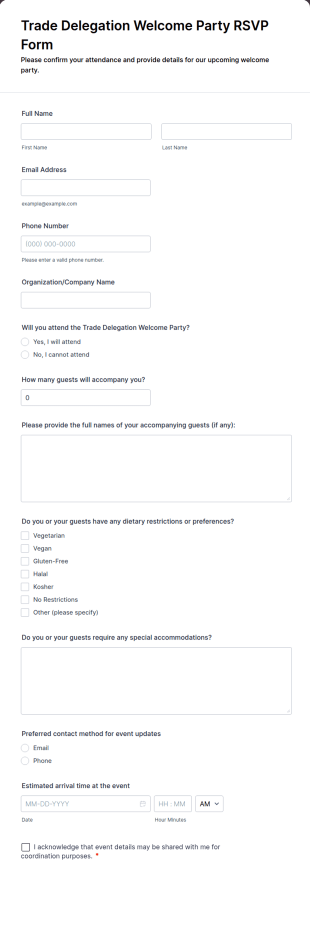 Trade Delegation Welcome Party RSVP Form Template
