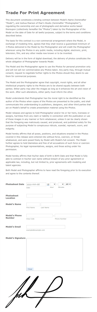 Trade For Print Agreement Form Template