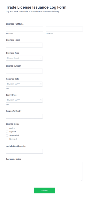 Trade License Issuance Log Form Template