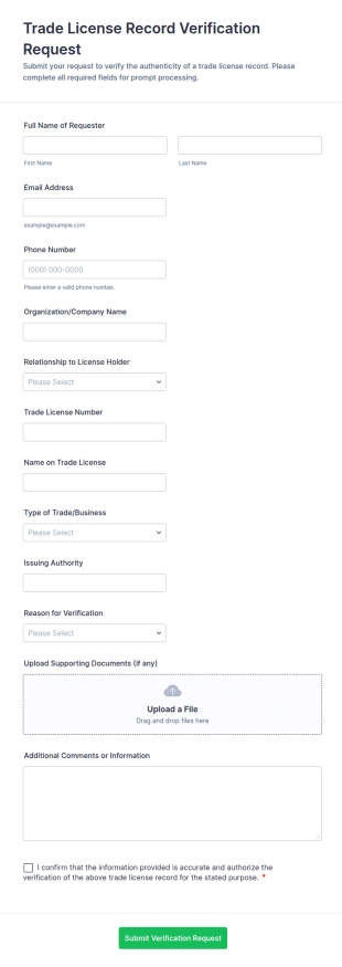 Trade License Record Verification Request Form Template