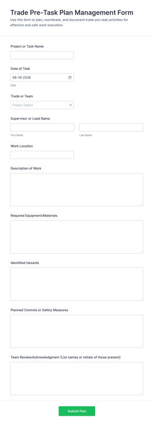 Trade Pre Task Plan Management Form Template