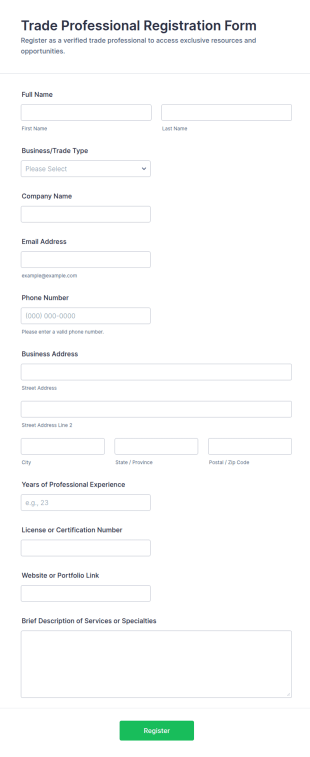 Trade Professional Registration Form Template