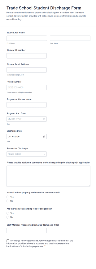 Trade School Student Discharge Form Template