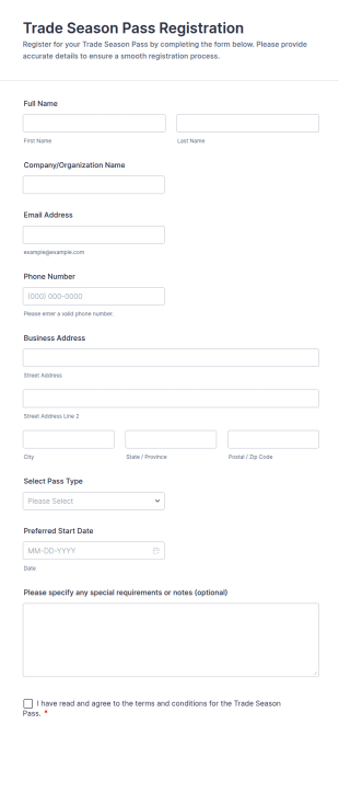Trade Season Pass Registration Form Template