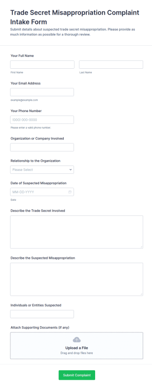 Trade Secret Misappropriation Complaint Intake Form Template