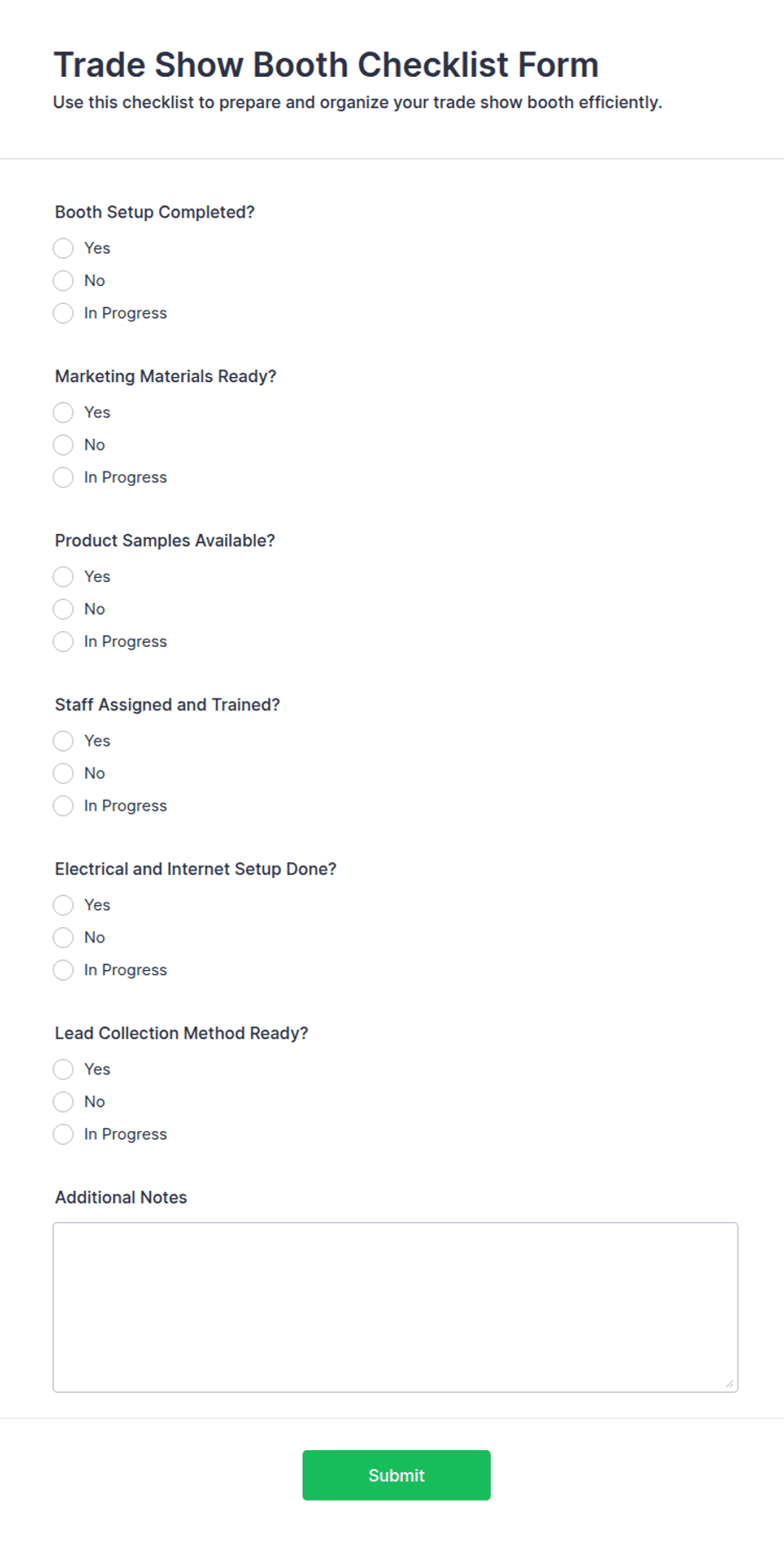 Showroom Checklist.pdf Trade Show Booth Checklist Form Template | Jotform