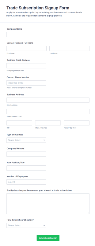 Trade Subscription Signup Form Template
