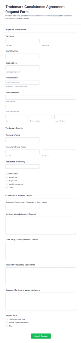 Trademark Coexistence Agreement Request Form Template