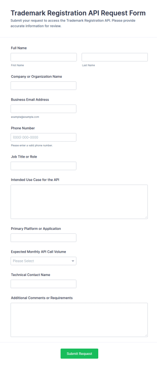 Trademark Registration API Request Form Template