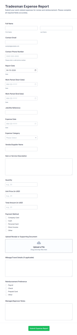 Tradesman Expense Report Form Template