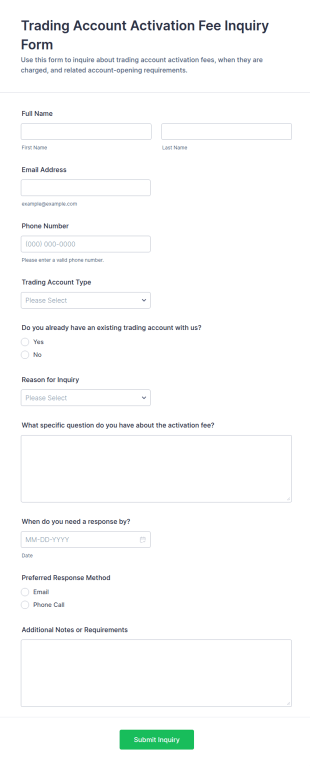 Trading Account Activation Fee Inquiry Form Template