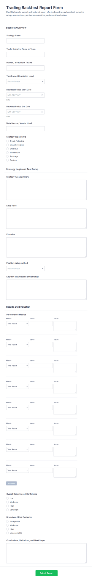 Trading Backtest Report Form Template