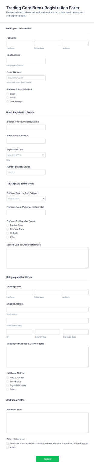 Trading Card Break Registration Form Template