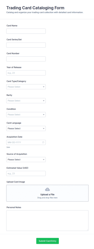 Trading Card Cataloging Form Template
