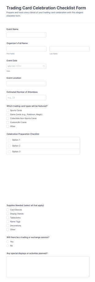 Trading Card Celebration Checklist Form Template
