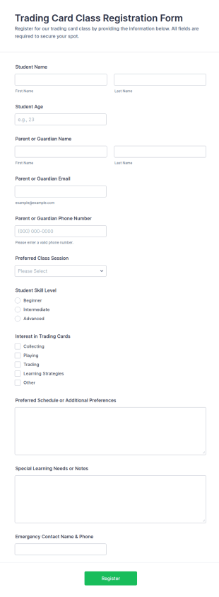 Trading Card Class Registration Form Template