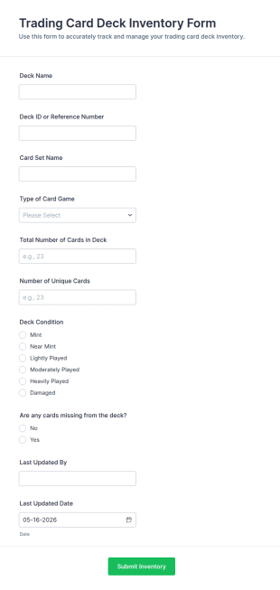 Trading Card Deck Inventory Form Template