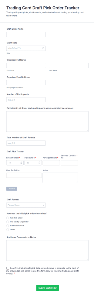 Trading Card Draft Pick Order Tracker Form Template