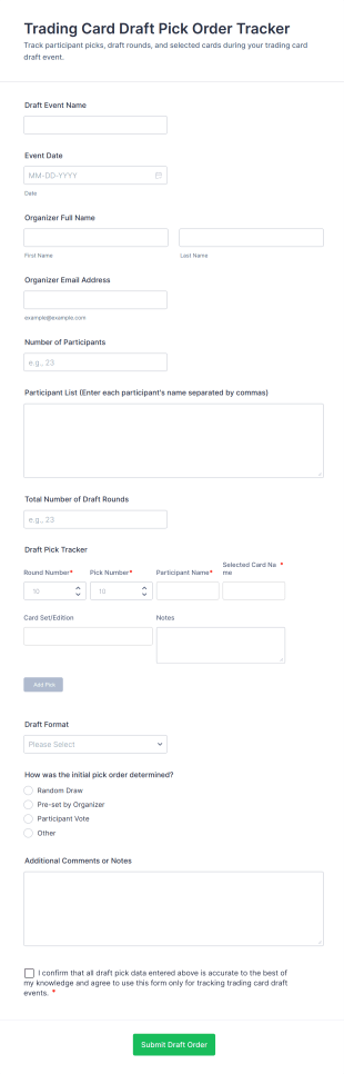 Trading Card Draft Pick Order Tracker Form Template