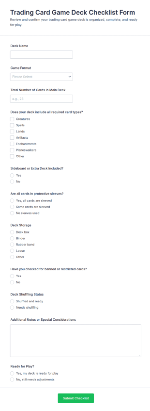 Trading Card Game Deck Checklist Form Template