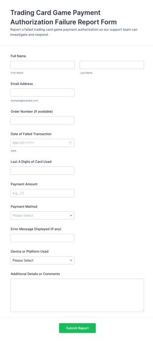 Trading Card Game Payment Authorization Failure Report Form Template