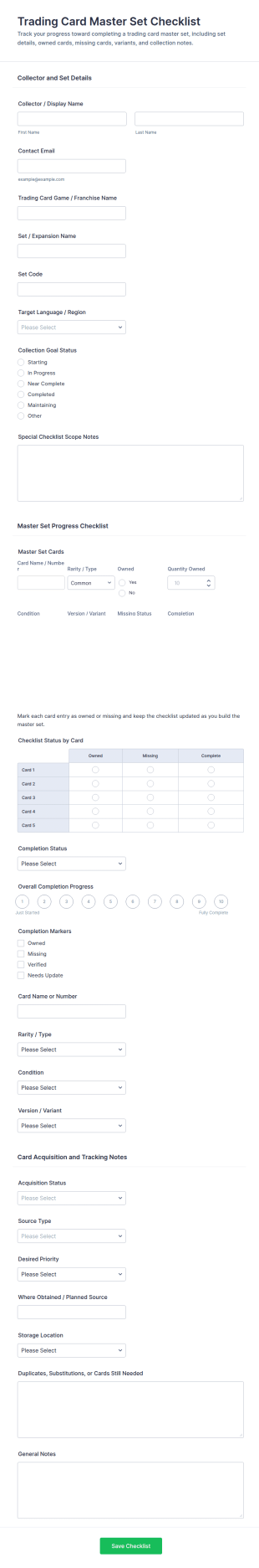 Trading Card Master Set Checklist Form Template
