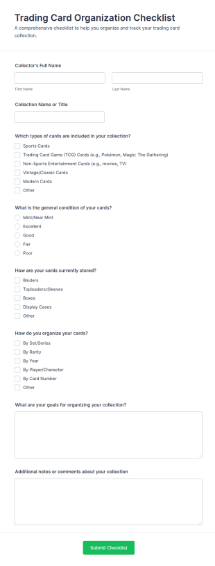 Trading Card Organization Checklist Form Template