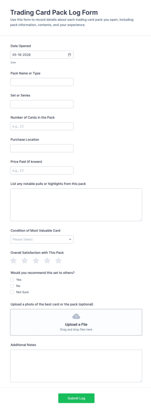 Trading Card Pack Log Form Template