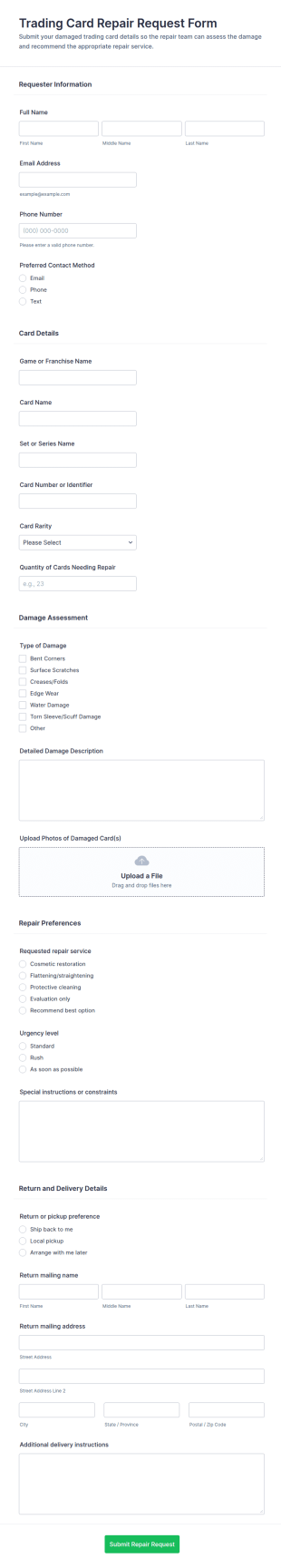 Trading Card Repair Request Form Template