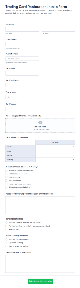 Trading Card Restoration Intake Form Template