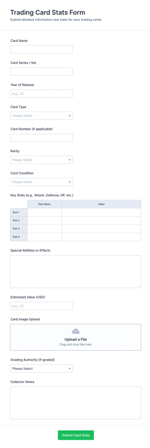Trading Card Stats Form Template