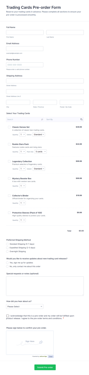 Trading Cards Pre Order Form Template