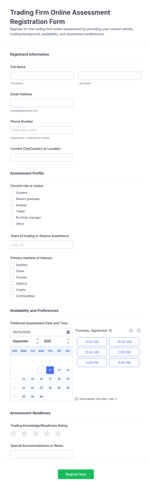 Trading Firm Online Assessment Registration Form Template