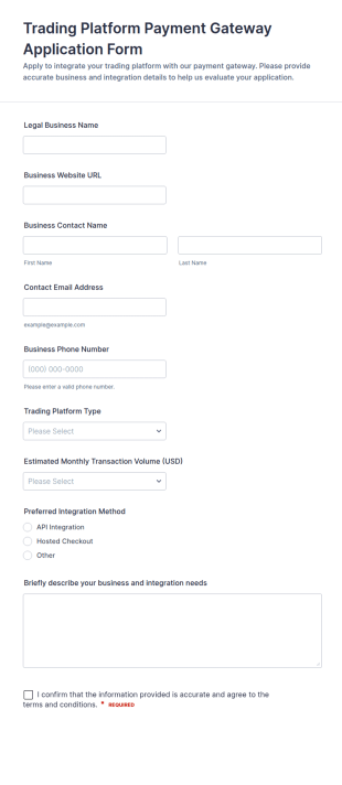 Trading Platform Payment Gateway Application Form Template