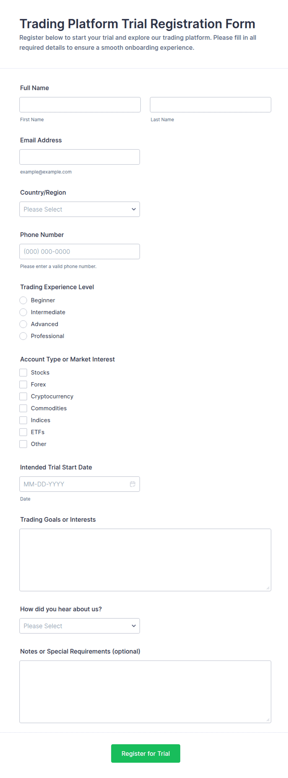 Trading Platform Trial Registration Form Template | Jotform