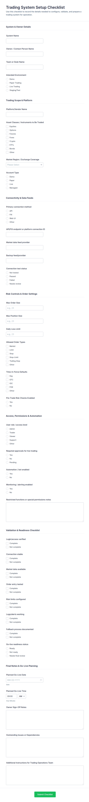 Trading System Setup Checklist Form Template