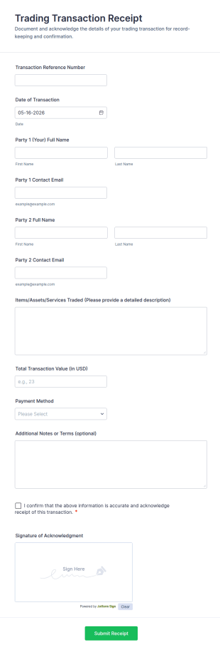 Trading Transaction Receipt Form Template