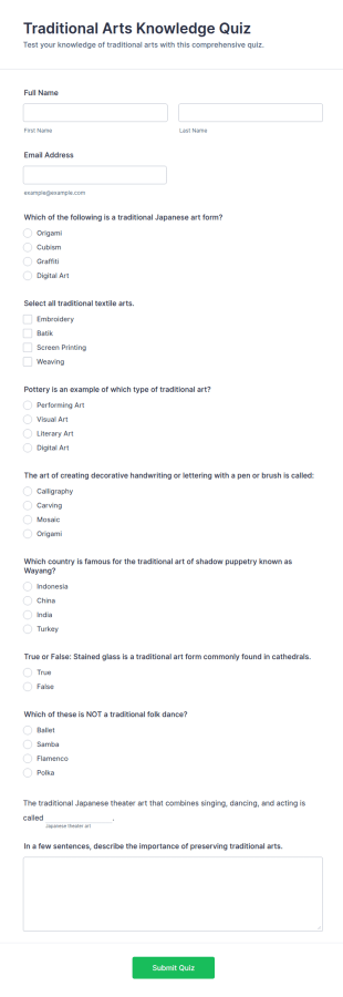 Traditional Arts Knowledge Quiz Form Template