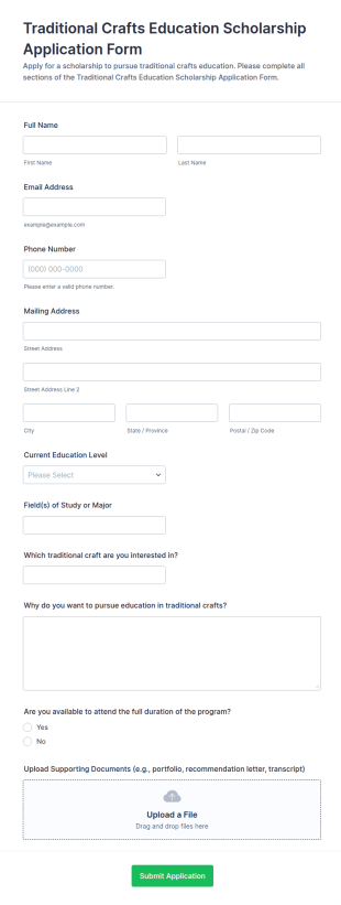 Traditional Crafts Education Scholarship Application Form Template