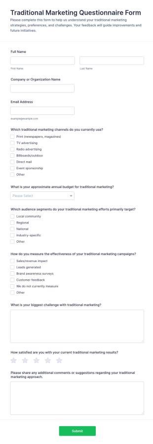 Traditional Marketing Questionnaire Form Template